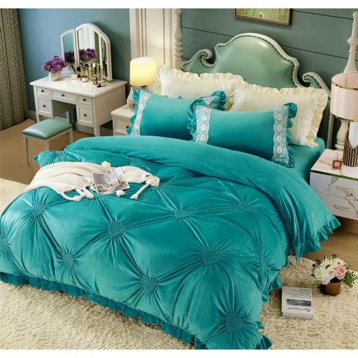 Lenjerie de pat, catifea, 2 persoane, 4 piese, UniDeluxe cu pliuri inimă, 180x200cm, turcoaz , LFC909