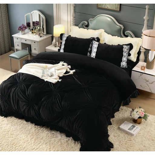 Lenjerie de pat, catifea, 2 persoane, 4 piese, UniDeluxe cu pliuri inimă, 180x200cm, negru, LFC913