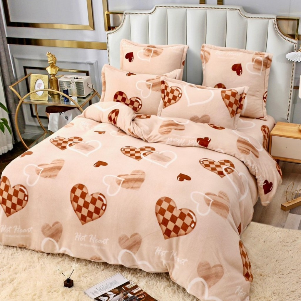 Lenjerie de pat, Cocolino, 2 persoane, 4 piese, cu elastic, crem , cu inimioare maro, CC4022