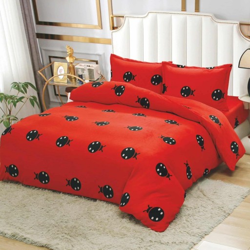 Lenjerie de pat, Cocolino, 2 persoane, 4 piese, cu elastic, roșu , cu buburuze negre, CC4038