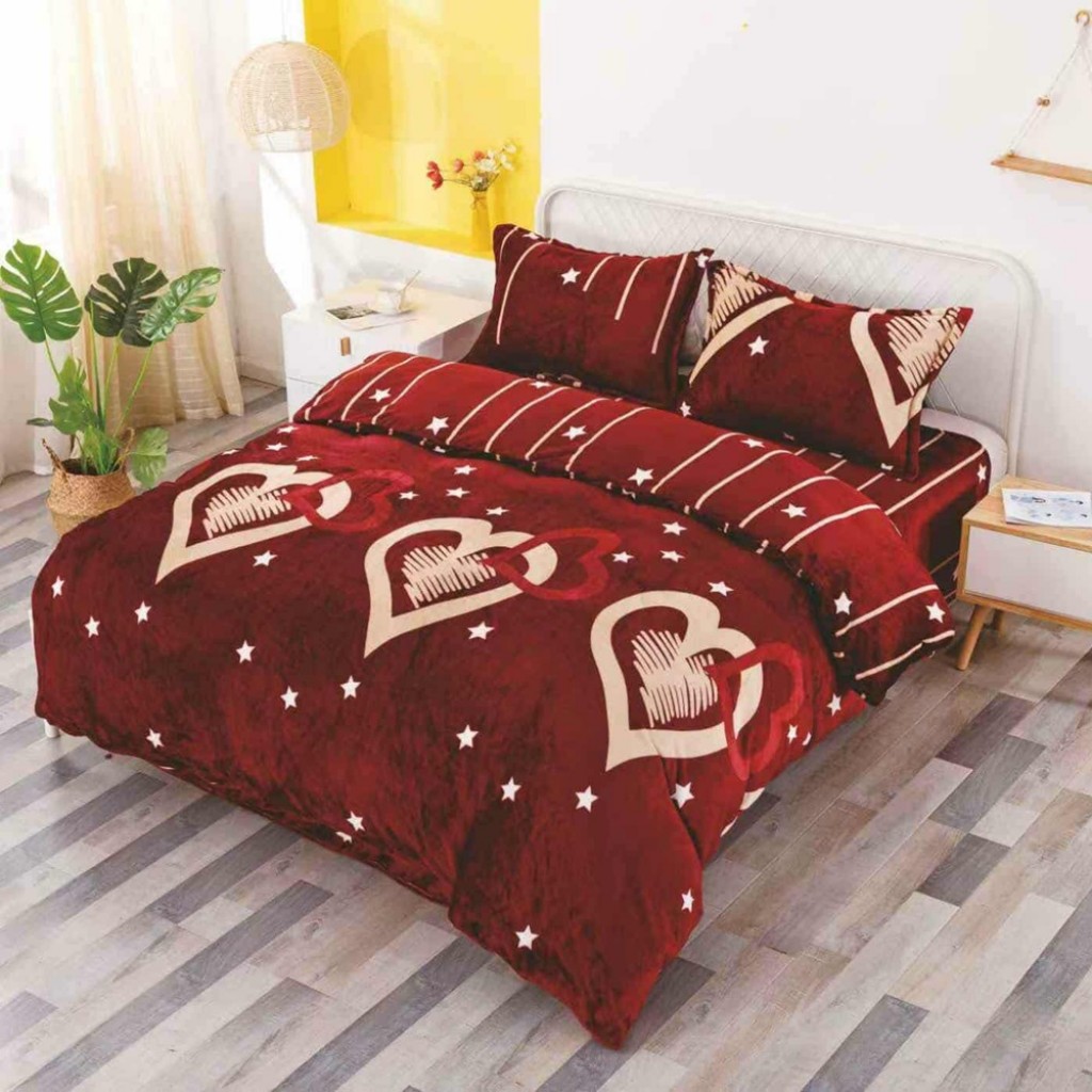 Lenjerie de pat, Cocolino, 2 persoane, 4 piese, cu elastic, roșu închis, cu inimi aurii, CC4044