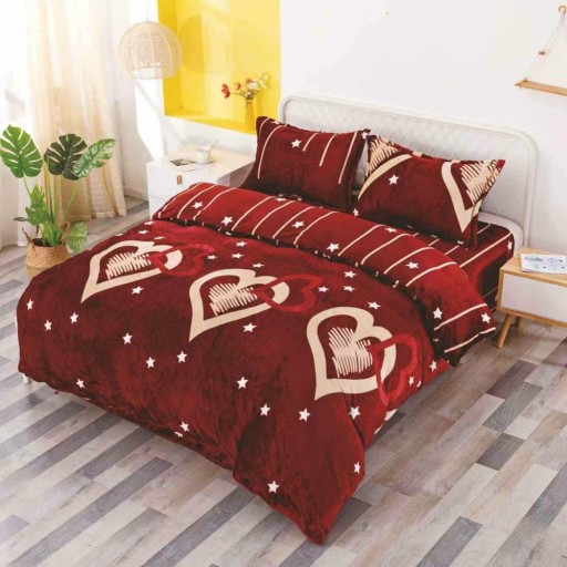 Lenjerie de pat, Cocolino, 2 persoane, 4 piese, cu elastic, roșu închis, cu inimi aurii, CC4044