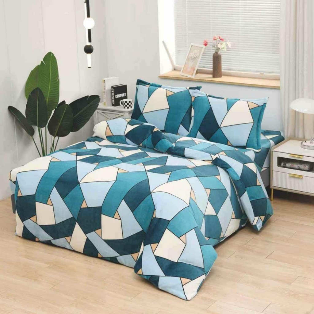 Lenjerie de pat, Cocolino, 2 persoane, 4 piese, cu elastic, verde albastru crem, cu forme geometrice, CC4045