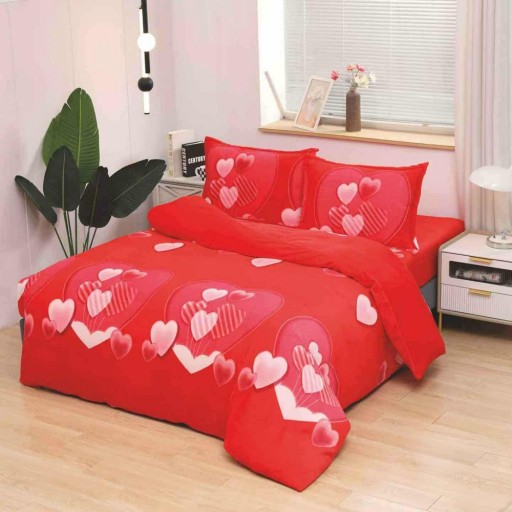 Lenjerie de pat, Cocolino, 2 persoane, 4 piese, cu elastic, roșu, cu inimioare roșii, CC4046