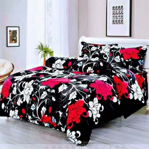 Lenjerie de pat, Cocolino, 2 persoane, 4 piese, cu elastic, culoare negru, cu flori albe roșii, CC4048