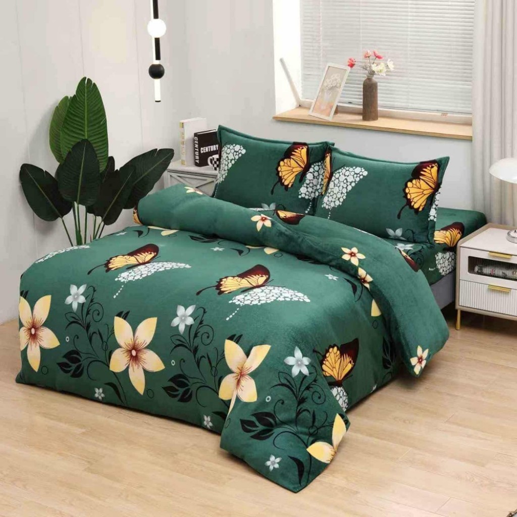 Lenjerie de pat, Cocolino, 2 persoane, 4 piese, cu elastic, culoare verde, cu flori și fluturi, CC4050