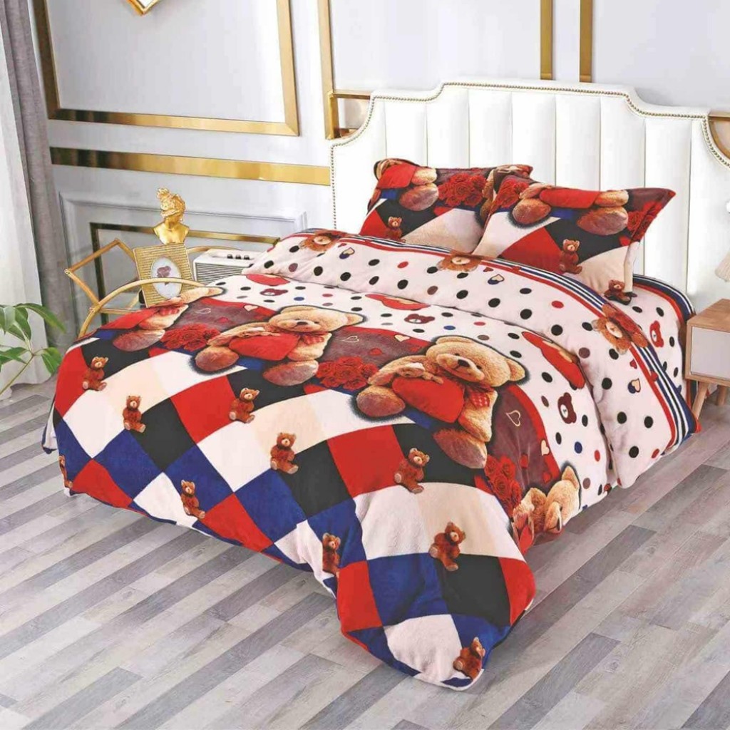 Lenjerie de pat, Cocolino, 2 persoane, 4 piese, cu elastic, culori crem albastru roșu, cu ursuleți, CC4051