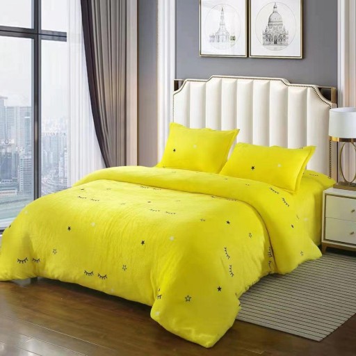 Lenjerie de pat, Cocolino, 2 persoane, 4 piese, cu elastic, galben , cu gene și steluțe negre, CC413