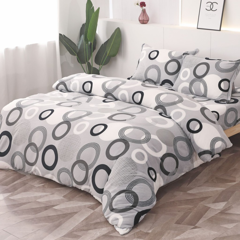 Lenjerie de pat, Cocolino, 2 persoane, 4 piese, cu elastic, gri , cu cerculețe albe și negre, CC424