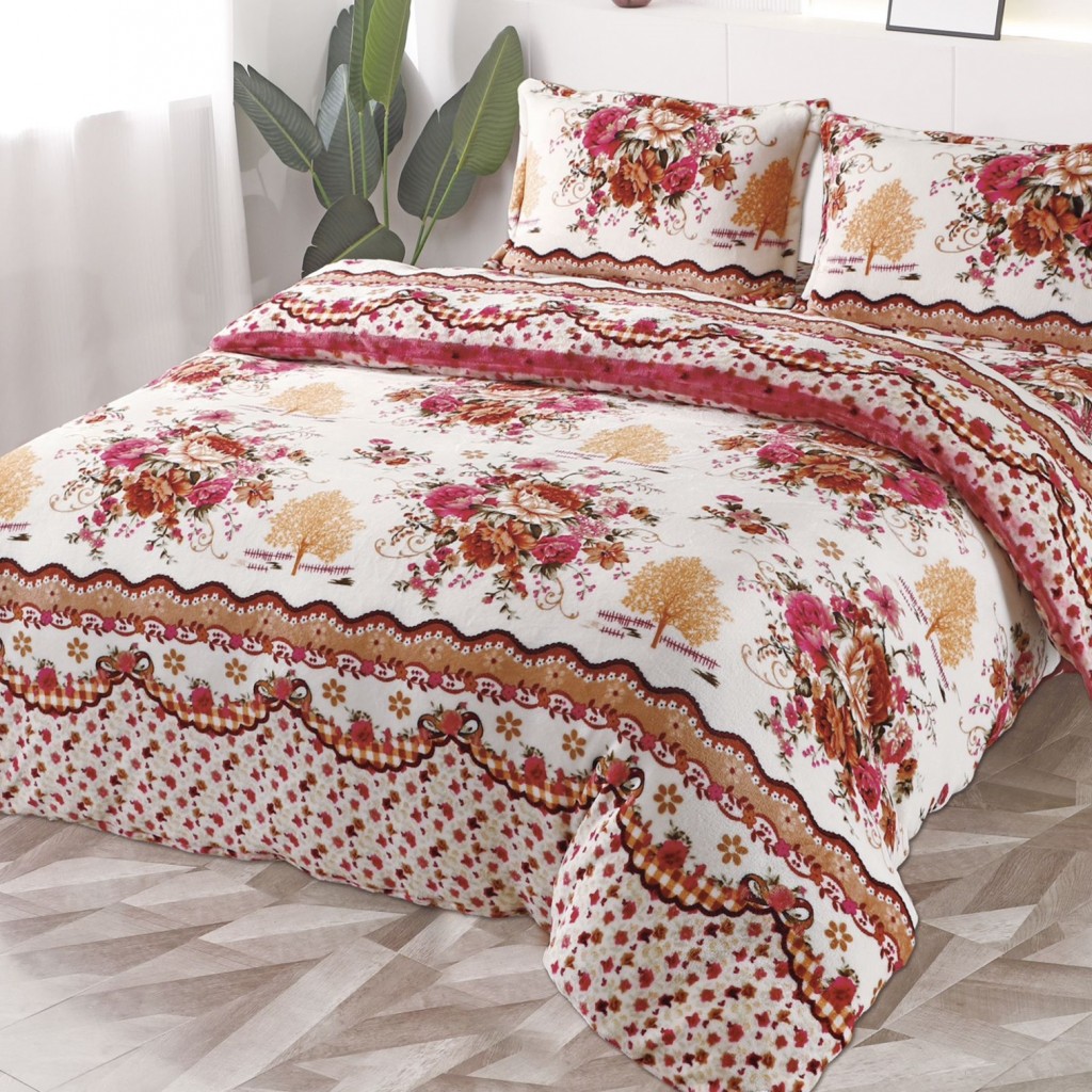 Lenjerie de pat, Cocolino, 2 persoane, 4 piese, cu elastic, crem, cu floricele, CC428