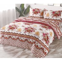 Lenjerie de pat, Cocolino, 2 persoane, 4 piese, cu elastic, crem, cu floricele, CC428