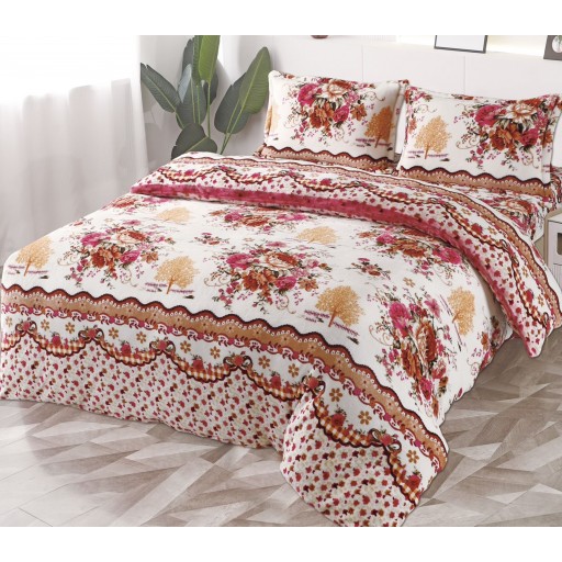 Lenjerie de pat, Cocolino, 2 persoane, 4 piese, cu elastic, crem, cu floricele, CC428