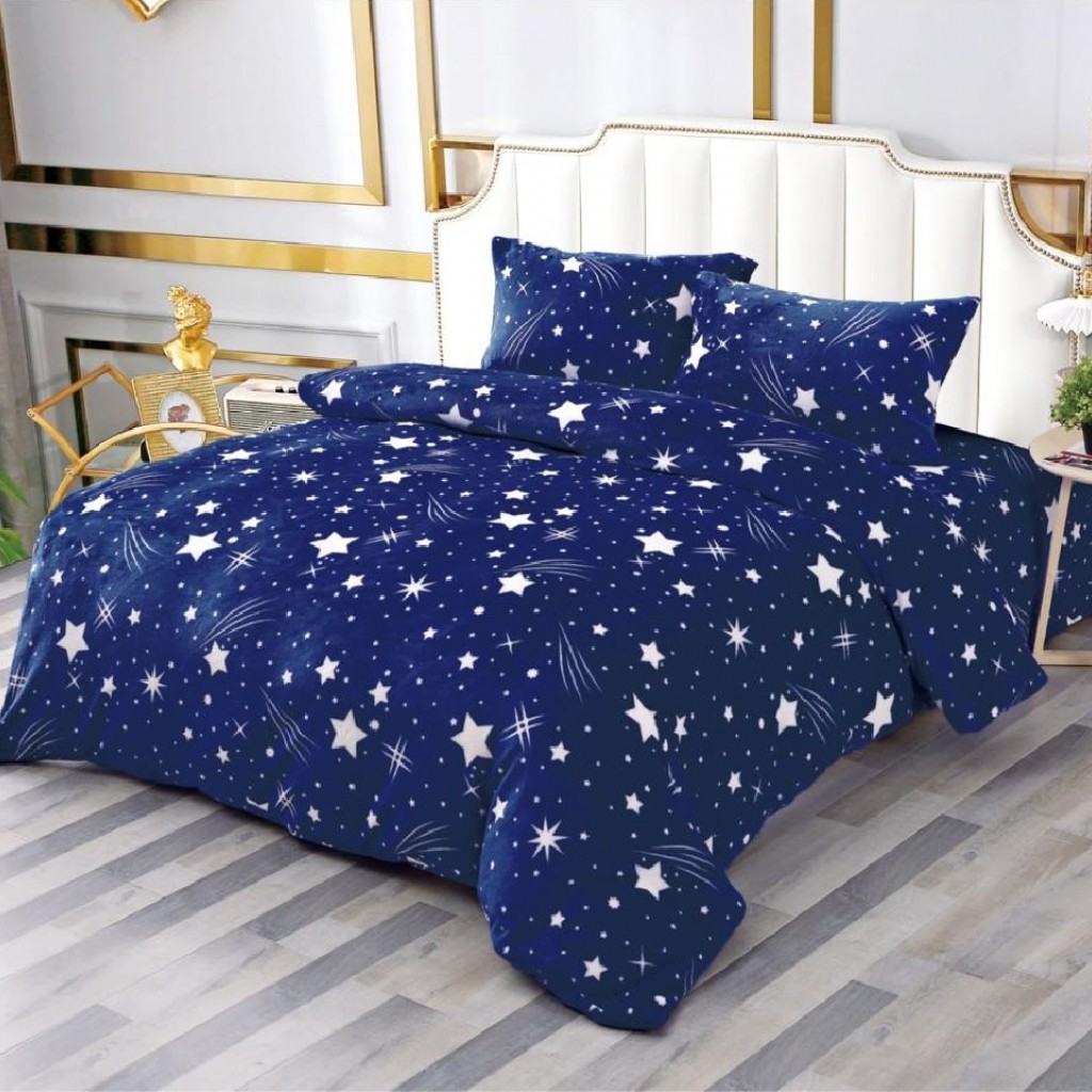Lenjerie de pat, Cocolino, 2 persoane, 4 piese, cu elastic, albastru , cu steluțe albe, CC450