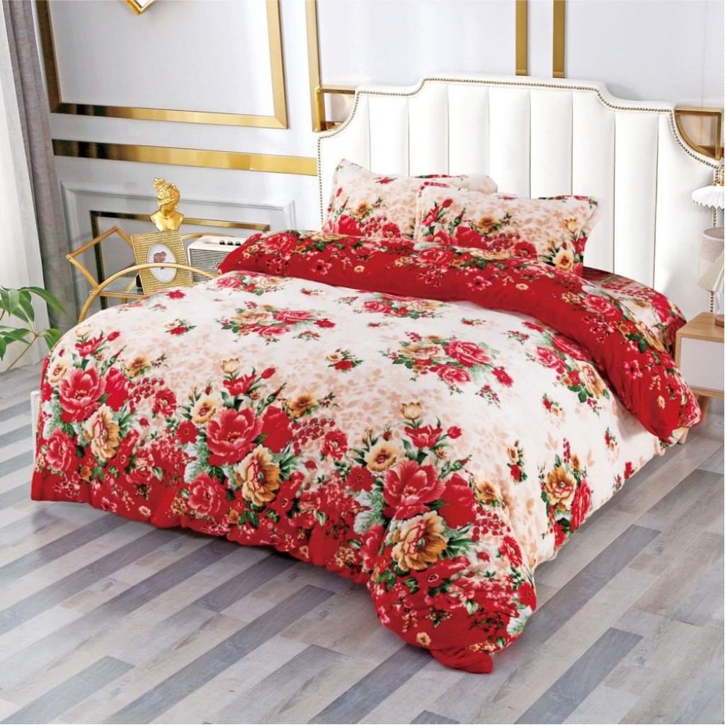 Lenjerie de pat, Cocolino, 2 persoane, 4 piese, cu elastic, crem , cu floricele roșii, CC456