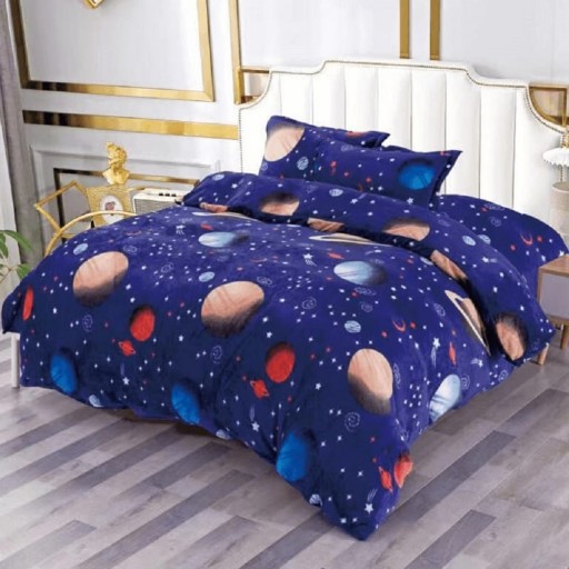 Lenjerie de pat, Cocolino, 2 persoane, 4 piese, cu elastic, albastru , cu planete, CC470