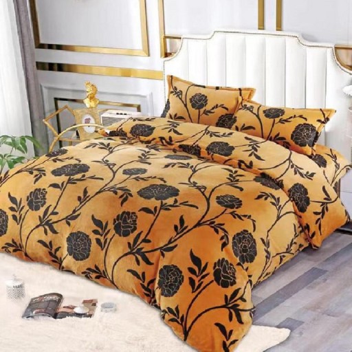 Lenjerie de pat, Cocolino, 2 persoane, 4 piese, cu elastic, maro , cu flori negre, CC475