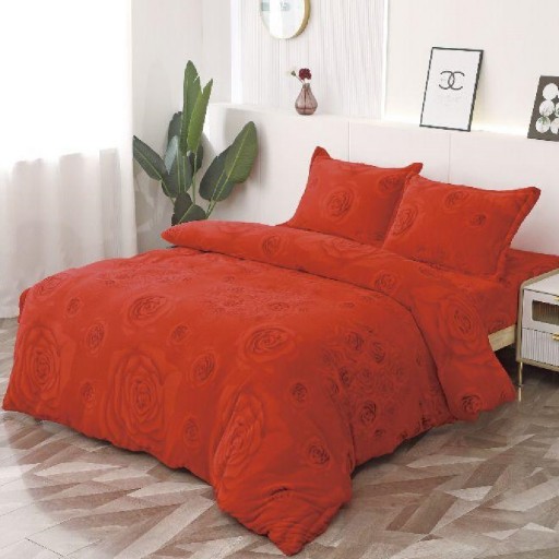 Lenjerie de pat, Cocolino, 2 persoane, 4 piese, cu elastic, roșu, cu trandafiri roșii, CC482