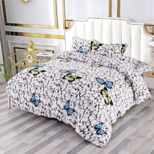 Lenjerie de pat, Cocolino, 2 persoane, 4 piese, cu elastic, gri , cu pietre si fluturi, CC488