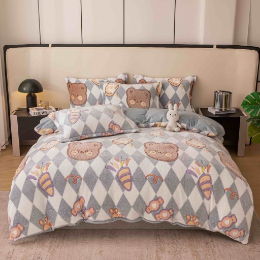 Lenjerie de pat, Cocolino, 2 persoane, 4 piese, cu elastic, gri si alb, cu romburi, CC4004