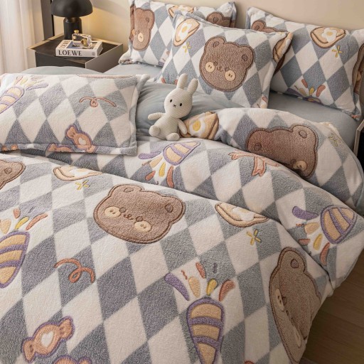 Lenjerie de pat, Cocolino, 2 persoane, 4 piese, cu elastic, gri si alb, cu romburi, CC4004