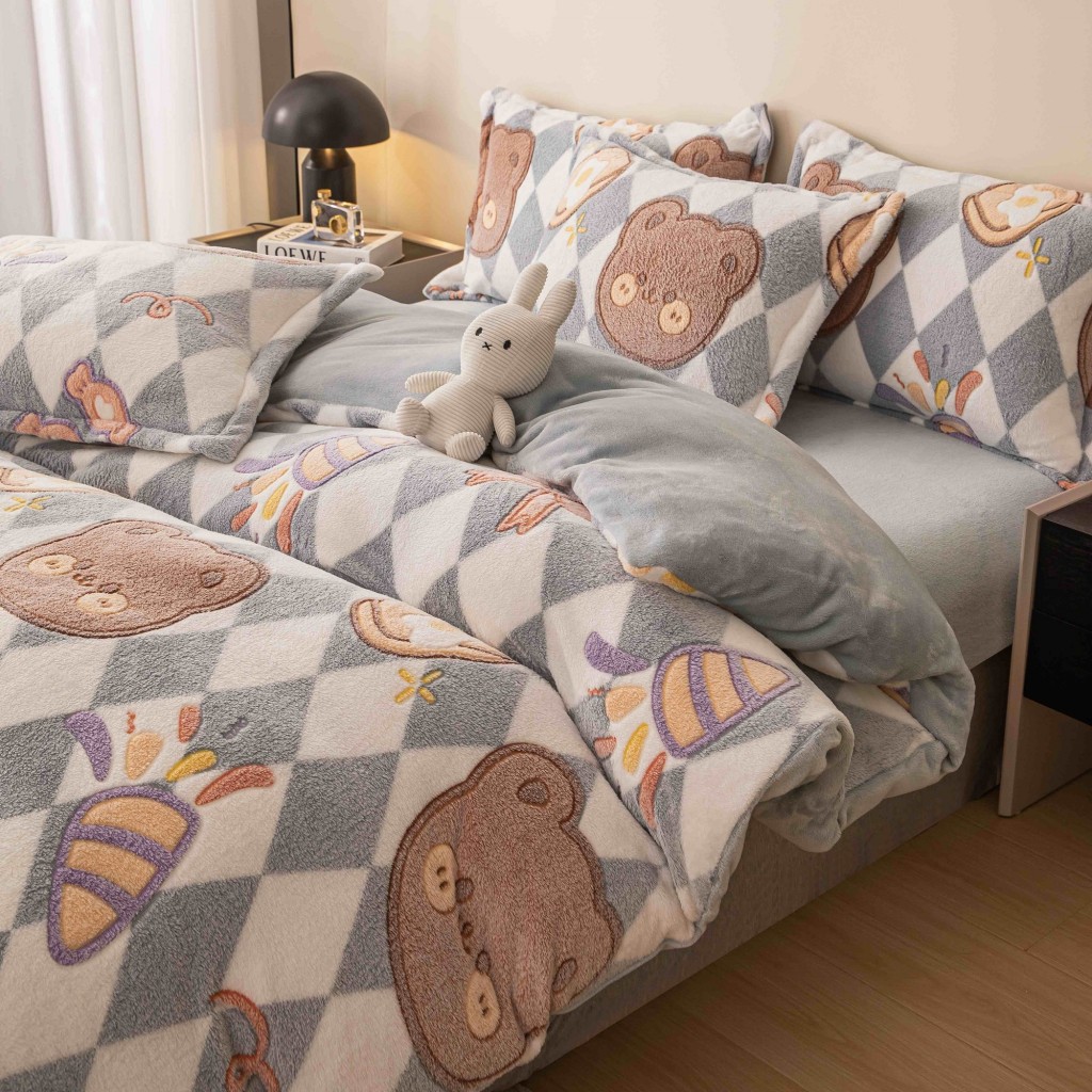 Lenjerie de pat, Cocolino, 2 persoane, 4 piese, cu elastic, gri si alb, cu romburi, CC4004