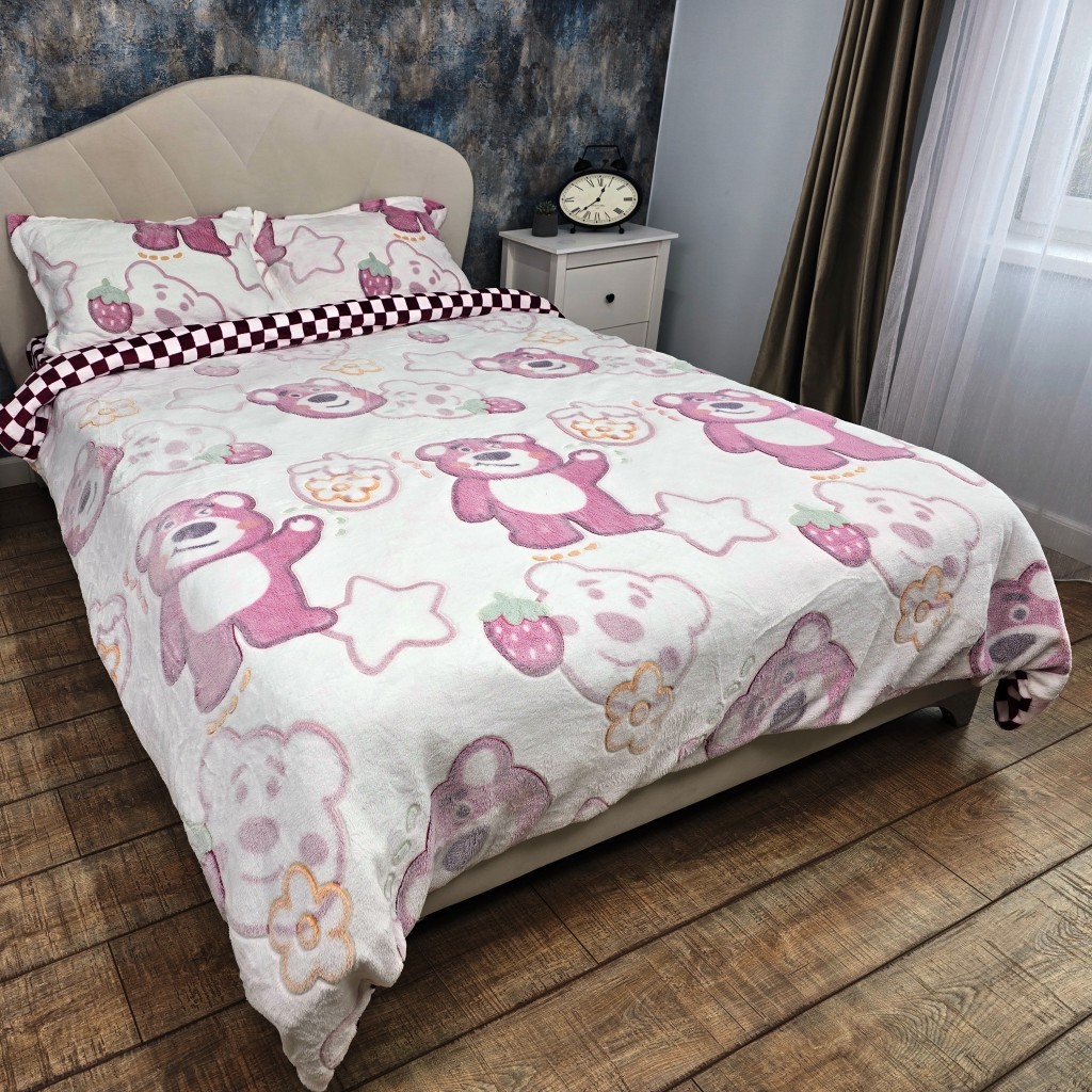 Lenjerie de pat, Cocolino, 2 persoane, 4 piese, cu elastic, crem si roz, cu ursuleti, CC4011