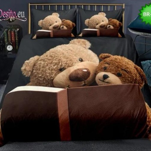 Lenjerie de pat, 1 persoană, imprimeu identic 3D, finet, 160x210cm, 4 piese, negru și maro, cu ursuleți de pluș, LP314
