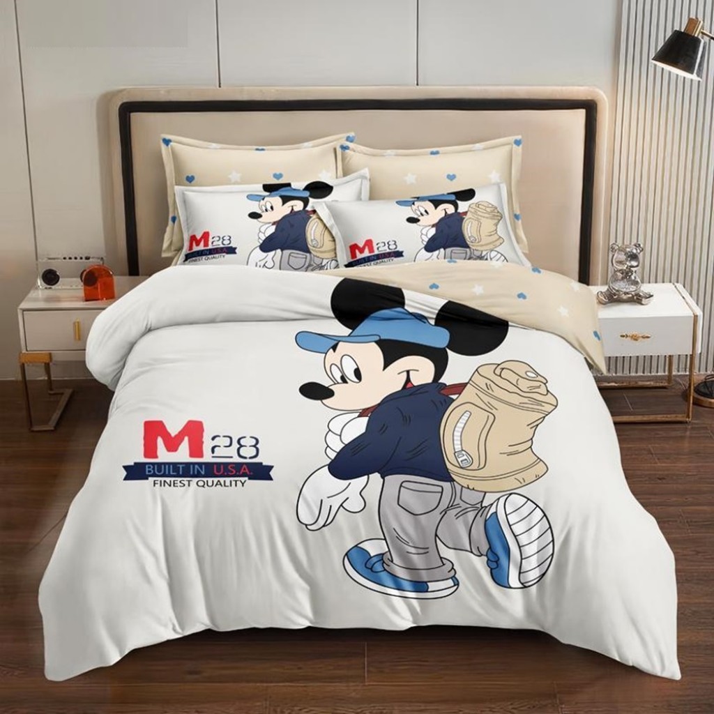 Lenjerie de pat, 1 persoană, imprimeu identic 3D, finet, 160x210cm, 4 piese, alb, cu Mickey Mouse, LP318