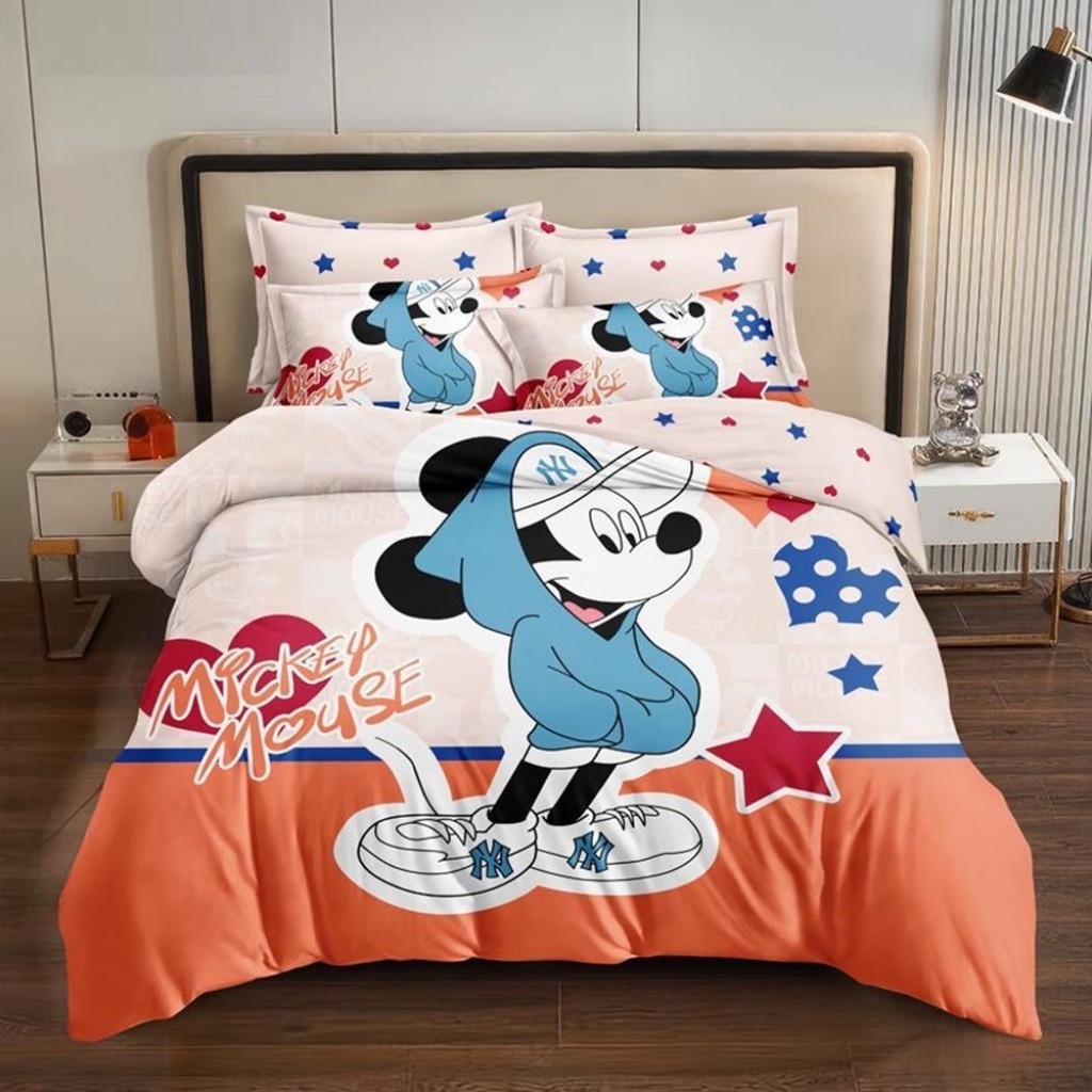 Lenjerie de pat, 1 persoană, imprimeu identic 3D, finet, 160x210cm, 4 piese, crem și portocaliu, cu Mickey Mouse, LP319