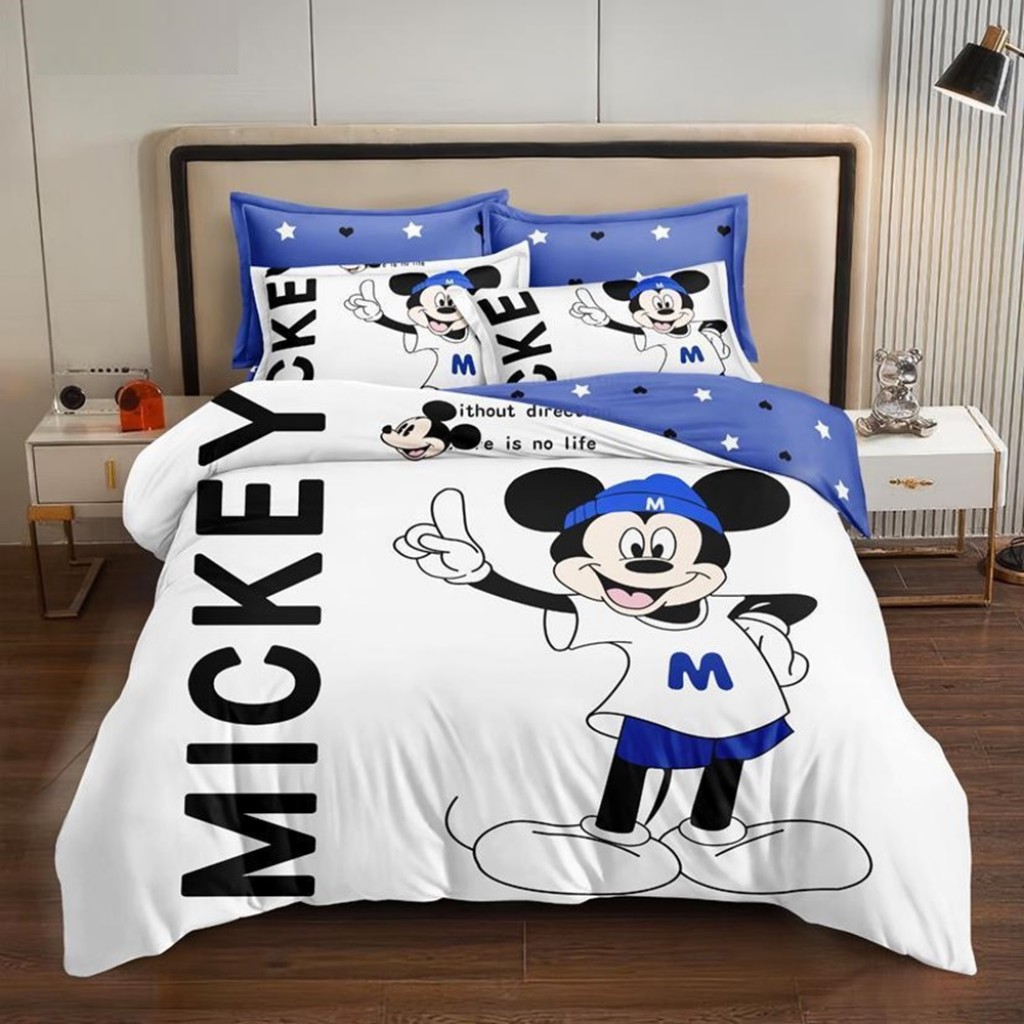 Lenjerie de pat, 1 persoană, imprimeu identic 3D, finet, 160x210cm, 4 piese, albastru și alb, cu Mickey Mouse, LP321