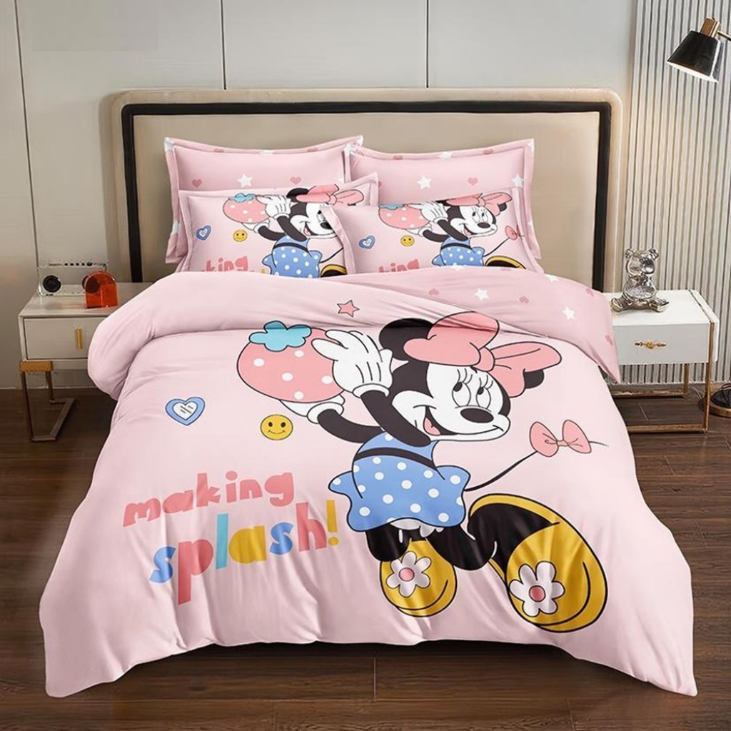 Lenjerie de pat, 1 persoană, imprimeu identic 3D, finet, 160x210cm, 4 piese, roz , cu Minnie Mouse, LP322