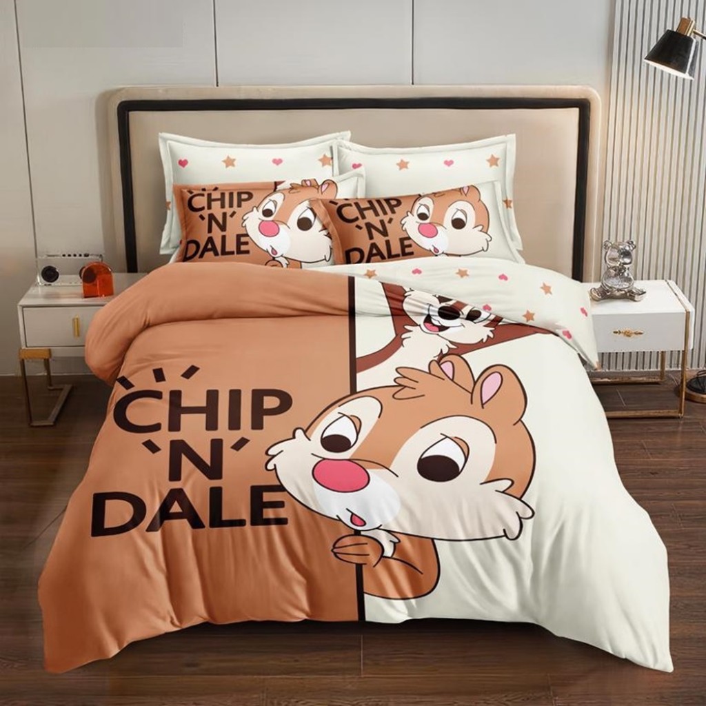 Lenjerie de pat, 1 persoană, imprimeu identic 3D, finet, 160x210cm, 4 piese, maro și crem, cu Chip și Dale, LP324
