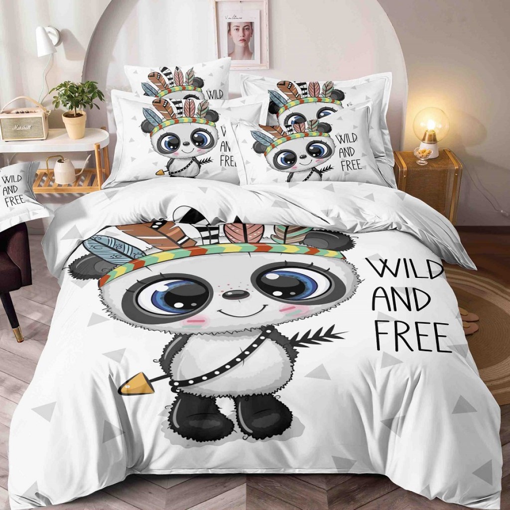 Lenjerie de pat, 1 persoană, finet, 150x200cm, cu elastic, 4 piese, 3D, alb , cu panda indian, LP307