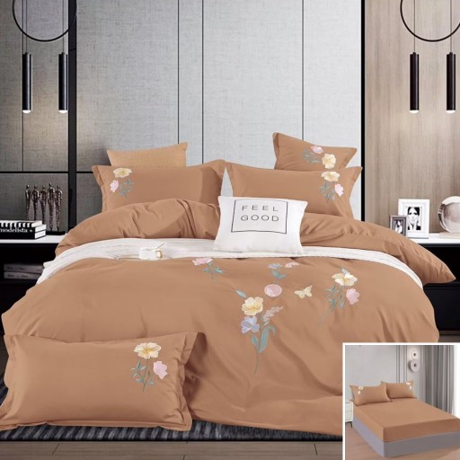 Lenjerie de pat, 2 persoane, 4 piese, finet, cu elastic, UniDeluxe cu Broderie, crem închis, 180x200cm, LFB02