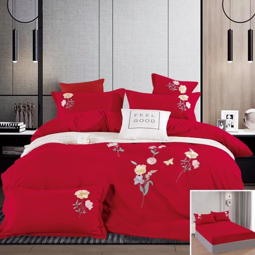 Lenjerie de pat, 2 persoane, 4 piese, finet, cu elastic, UniDeluxe cu Broderie, roșu , 180x200cm, LFB09