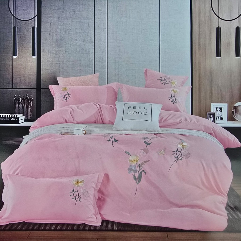 Lenjerie de pat, 2 persoane, 4 piese, finet, cu elastic, UniDeluxe cu Broderie, roz , 180x200cm, LFB11