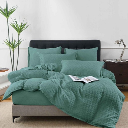 Lenjerie de pat, 2 persoane, finet, model tricotat, 4 piese, cu elastic, uni, verde , LELT111