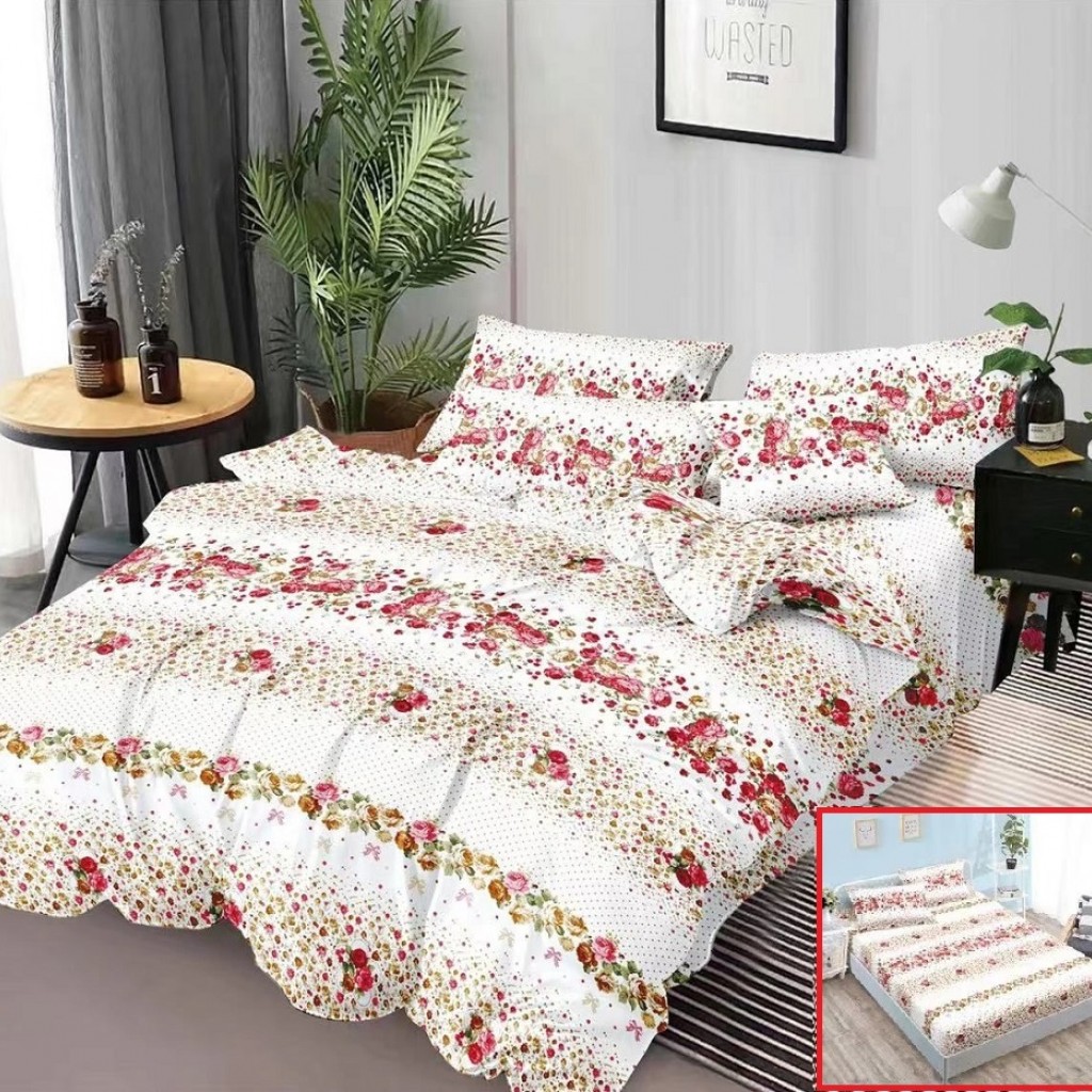 Lenjerie de pat, 2 persoane, 4 piese cu elastic, finet, alb cu floricele, 180x200cm, LF415