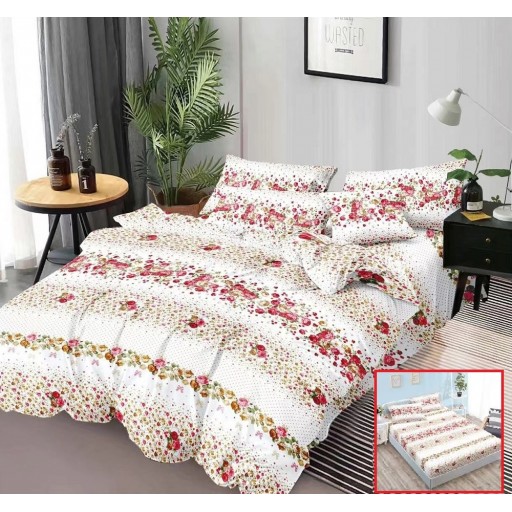 Lenjerie de pat, 2 persoane, 4 piese cu elastic, finet, alb cu floricele, 180x200cm, LF415