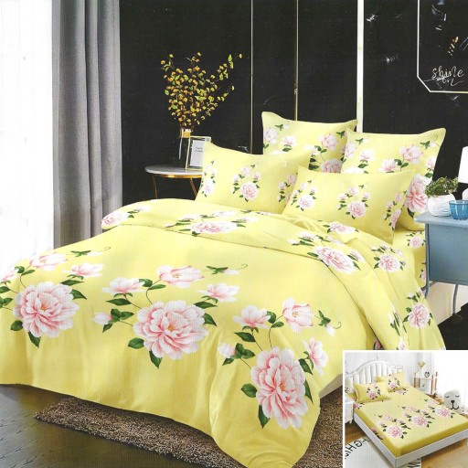 Lenjerie de pat, 2 persoane, 4 piese cu elastic, finet, galben , cu flori roz, 180x200cm, LF4021