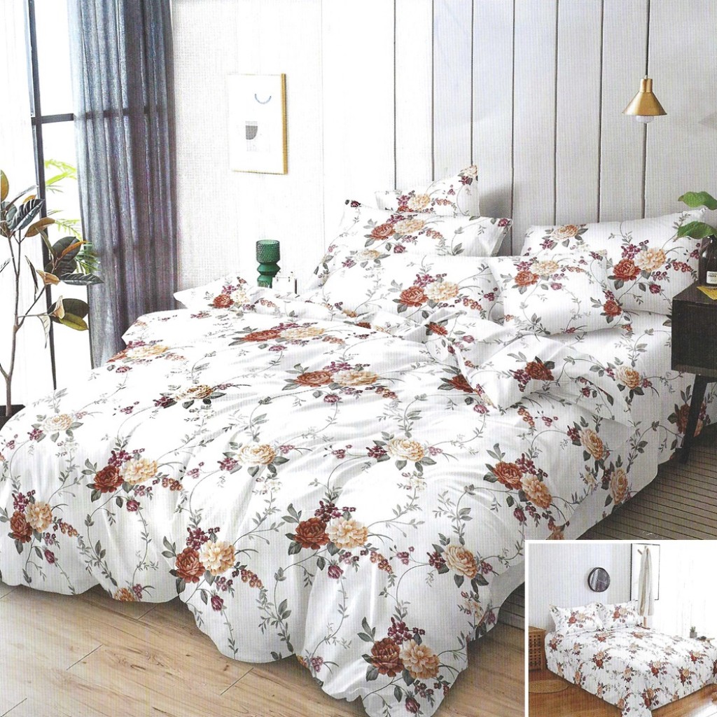 Lenjerie de pat, 2 persoane, 4 piese cu elastic, finet, alb , cu flori, 180x200cm, LF4022