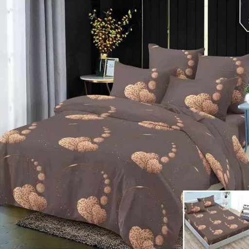 Lenjerie de pat, 2 persoane, 4 piese cu elastic, finet, maro, cu inimi, 180x200cm, LF4024