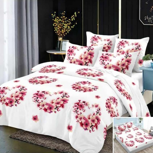 Lenjerie de pat, 2 persoane, 4 piese cu elastic, finet, alb, cu flori roz, 180x200cm, LF4026