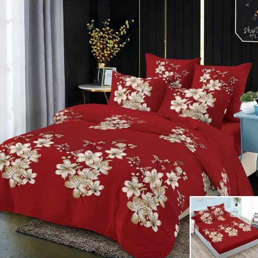 Lenjerie de pat, 2 persoane, 4 piese cu elastic, finet, roșu, cu flori crem, 180x200cm, LF4027