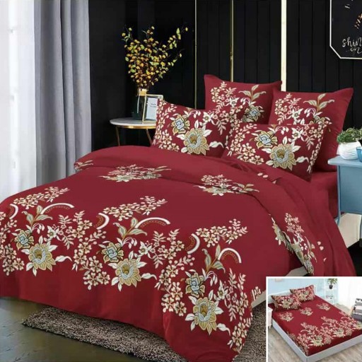 Lenjerie de pat, 2 persoane, 4 piese cu elastic, finet, roșu, cu flori crem, 180x200cm, LF4028