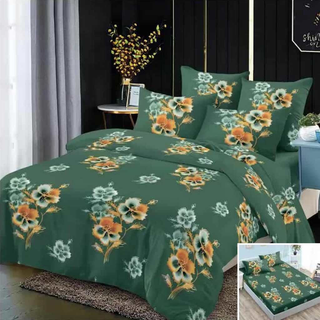 Lenjerie de pat, 2 persoane, 4 piese cu elastic, finet, verde, cu floricele, 180x200cm, LF4030