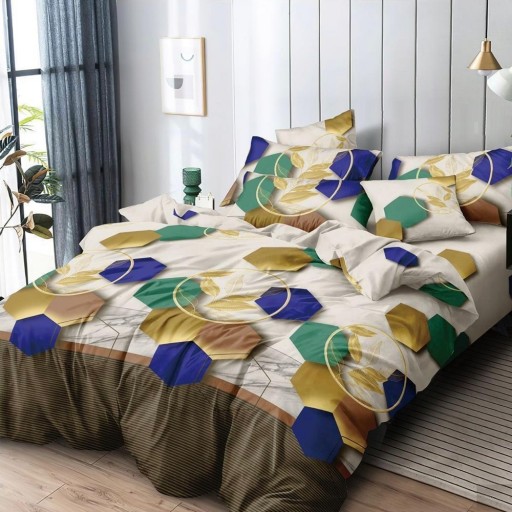 Lenjerie de pat, 2 persoane, 4 piese cu elastic, finet, crem maro, cu forme geometrice, 180x200cm, LF4032