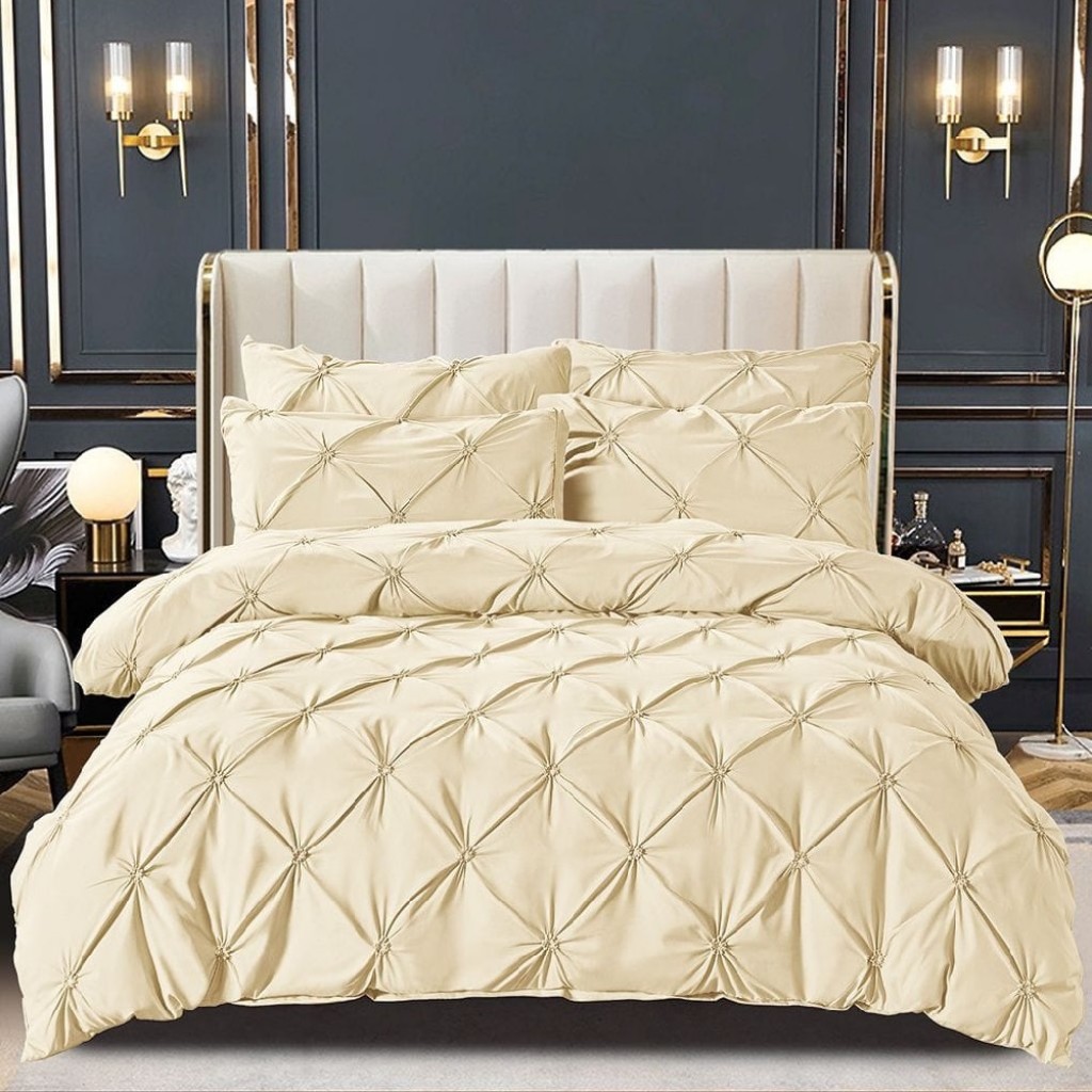 Lenjerie de pat, 2 persoane, finet, 6 piese, UniDeluxe cu pliuri, crem deschis, 230x250cm, LF902