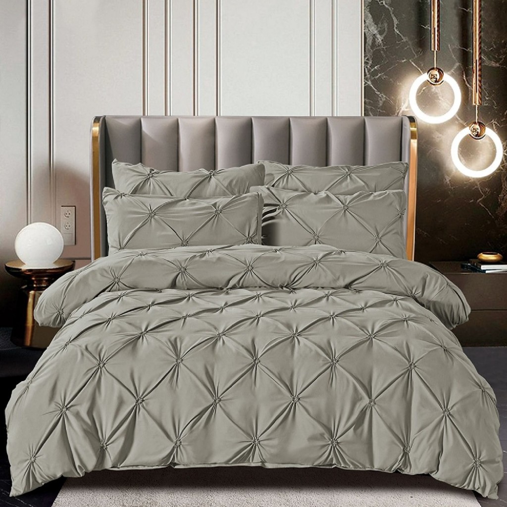 Lenjerie de pat, 2 persoane, finet, 6 piese, UniDeluxe cu pliuri, gri deschis, 230x250cm, LF905