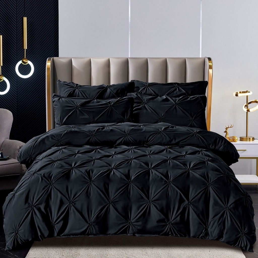 Lenjerie de pat, 2 persoane, finet, 6 piese, UniDeluxe cu pliuri, negru , 230x250cm, LF915
